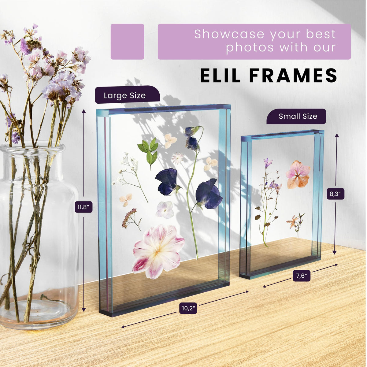 Elil 5x7 Acrylic Picture Frame – Blue Floating Polaroid Fujifilm Instax Display 8.3" x 7.6" Holds 5x7 Photo or 6 Mini or Go Print Double-Sided Collage for Desk Wedding Anniversary Graduation