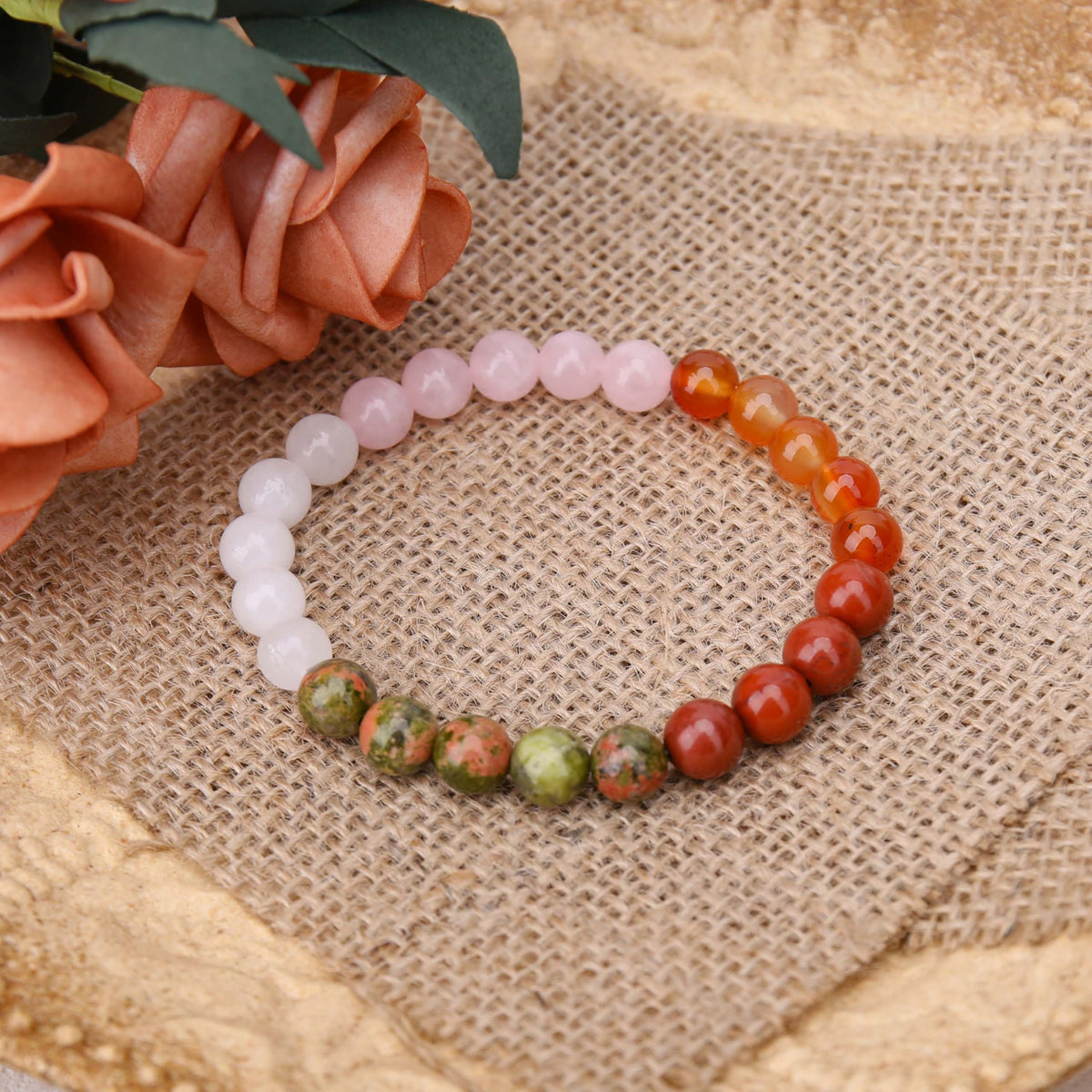 BONNY BOXX Mixed 8mm Natural Stone Bracelet for Fertility, Handmade Stretch Pink Quartz Red Jasper Bracelet Adjustable Crystal Healing Jewelry for Unisex Spiritual Gift
