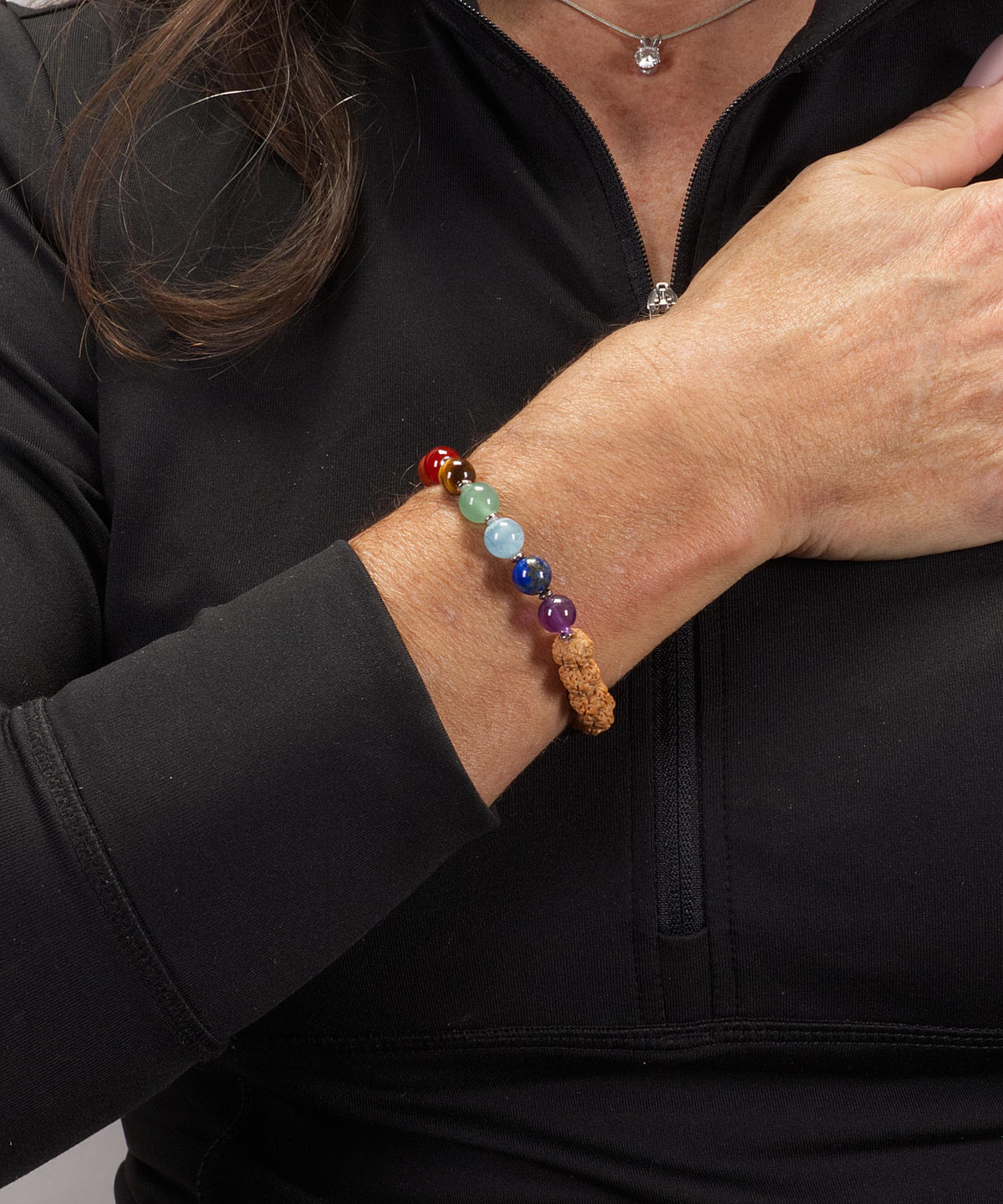 Cherry Tree Collection Chakra Stretch Bracelet | Genuine Natural 8mm Gemstones Beads, Silver Spacers | Men/Women (Rudraksha - Medium)