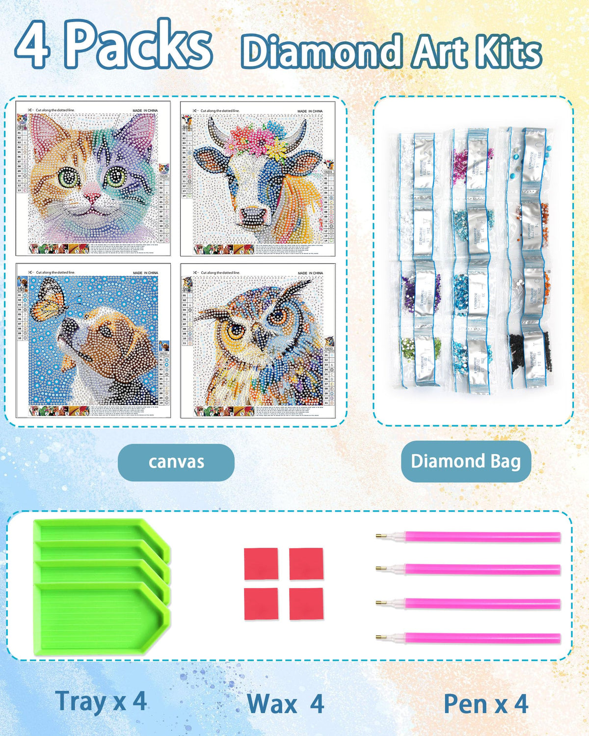 Leixonl 4 Packs 5D Diamond Art Kits for Kids Ages 6-8-9-12,Arts and Crafts Set for Home Wall Decor.Gem Art by Number Kits Arts and Crafts Kits(5.9x5.9inch) (Butterfly Dog)