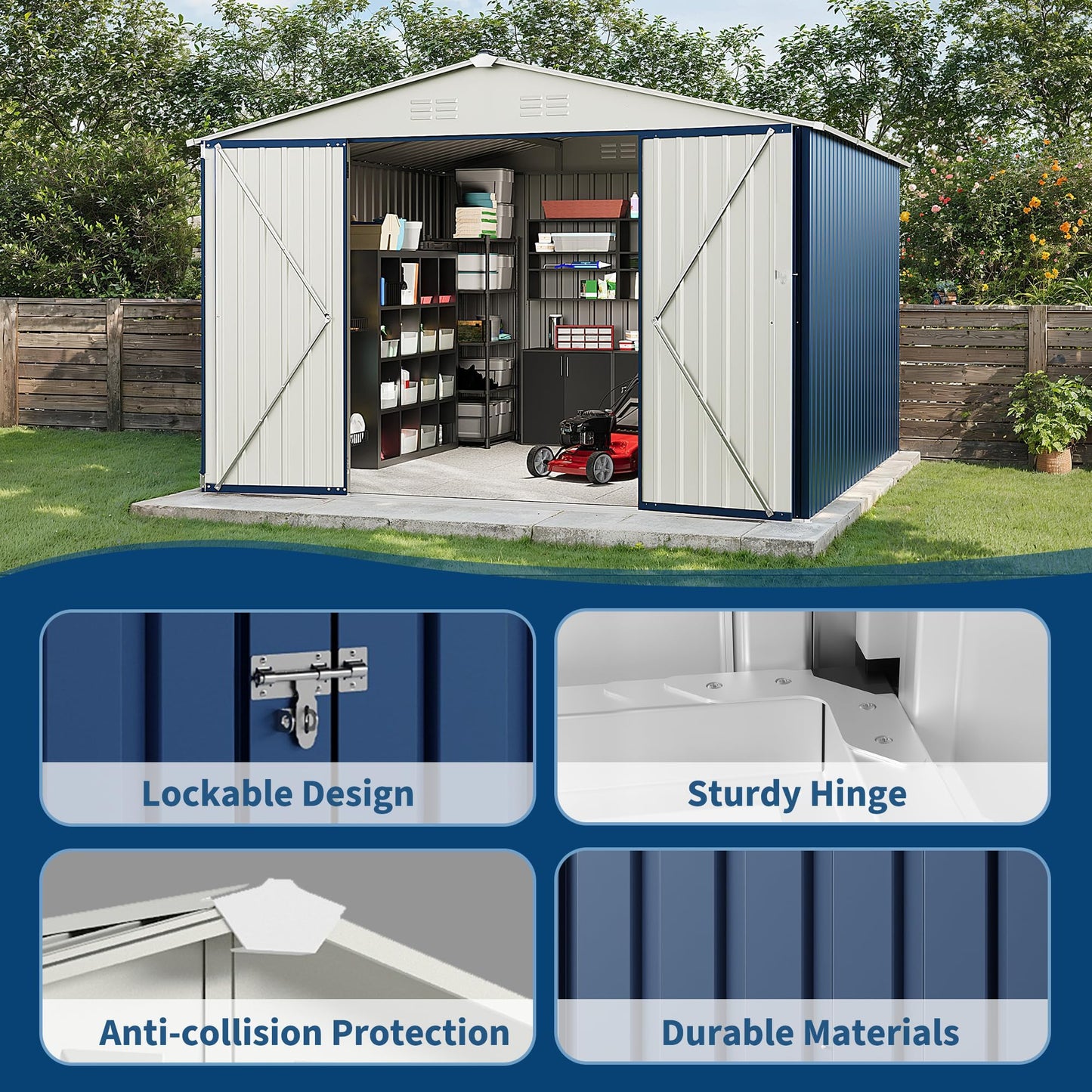 10 X 10 FT Outdoor Storage Shed,Metal Garden Sheds&Outdoor Storage, Lockable Gable Roof Garden Tool Shed, All-Weather Resistant Storage Unit for Bikes, Ladders, Patio Supplies & Garden Essentials