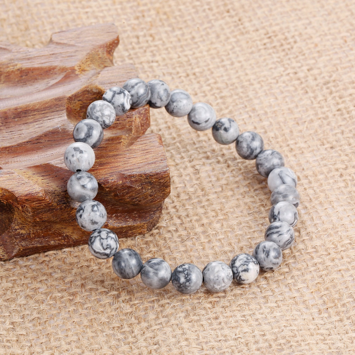 Jade cabbage Men Bracelet Natural Natural Semi-Precious Gemstone Bead Chakra Healing Energy Balance Bracelet for Mens Jewelry Gift (8mm Gray 7.7 inches)