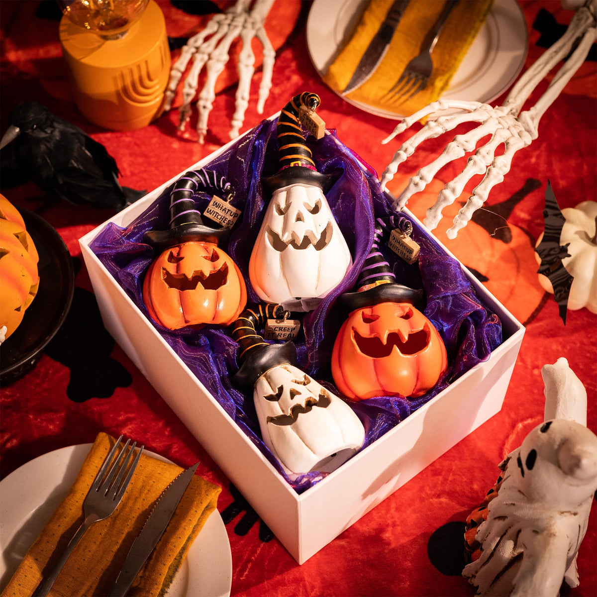 Valery Madelyn Pumpkin Halloween Decorations Indoor for Home, 2Pcs Resin Halloween Figurines with Light, White and Orange Jack o Lantern Decor with Witch Hat for Table Tiered Tray, 5.7" Tall