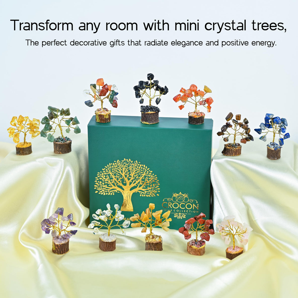 Crocon® Crystal Tree Set of 12 Mini Unique Birthday Gifts for Women, Sister, Mom, Home Office Decor, Shelf Desk Decoration for Positive Energy, Bring Good Luck, Money, Chakra Tree of Life Gift Sets
