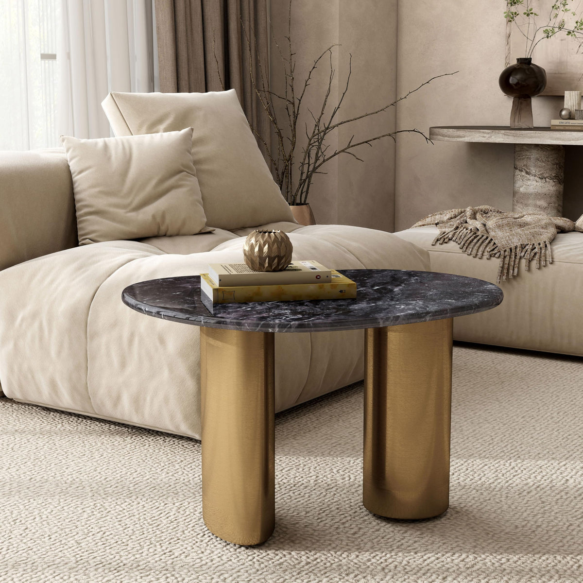 Furniture of America Gavora Modern 32-inch Grey and White Sintered Stone Top End Table with Gold Dual Pedestal Legs for Small Space, Living Room, Home Office, Multi-Color