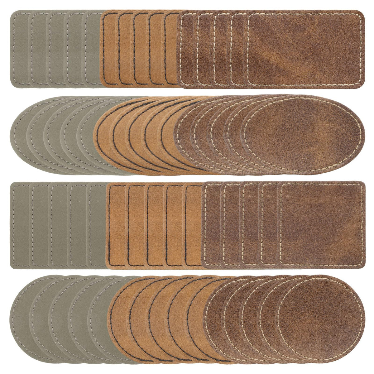 MECCANIXITY Blank Leatherette Patches, Faux Leather Hats Patches Sets with Adhesive Iron-on Heat Press Engraved for Hats DIY Fabric Repair Sew(Light Brown/Brown/Khaki, Pack of 60)