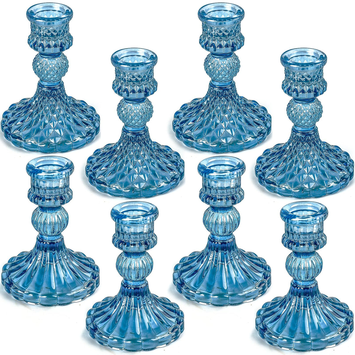 Blue Glass Candlestick Holders,Set of 8 Include Taper Candle Holders and Stripe Candle Holders,Two Style for Formal Events, Wedding, Festival,Church, Party & Festival Decoration