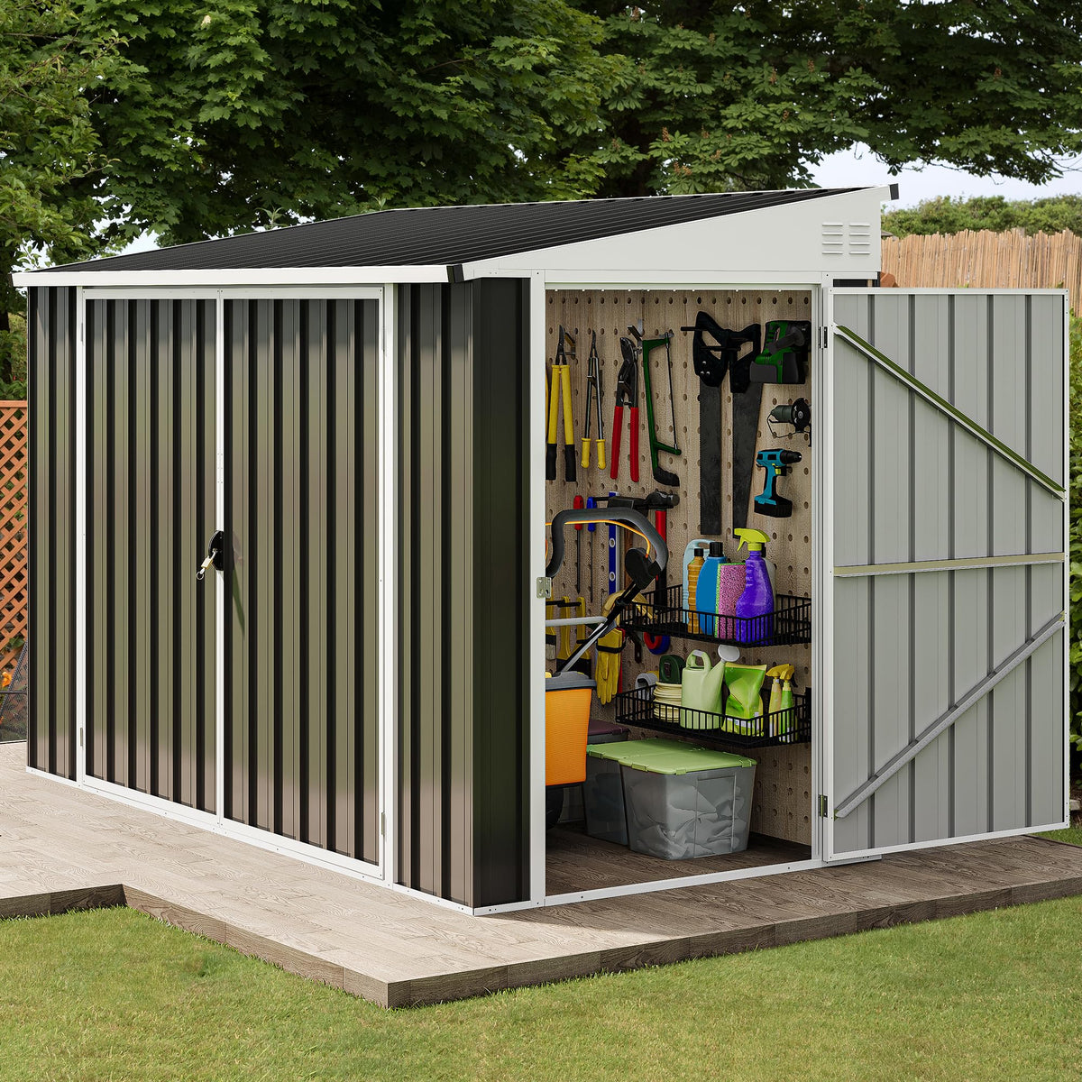 DWVO 7x4 FT Outdoor Weatherproof Storage Shed, Secure Metal Bike Shed w/Lockable Entry, Garden Storage Solution for Lawn Equipment, Tools, Waste Bin, Dark Gray