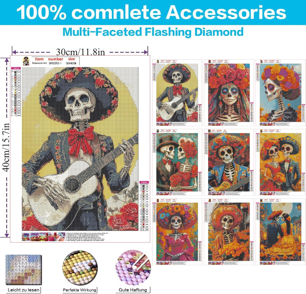 WUDWL 9 Pack Halloween Diamond Art Kits for Adults Beginner, Day of the Dead DIY Modern Diamond Painting Kits 5D Diamond Dots Gem Art Crafts with Tools,Round Full Drill for Women's hobbies-12x16in