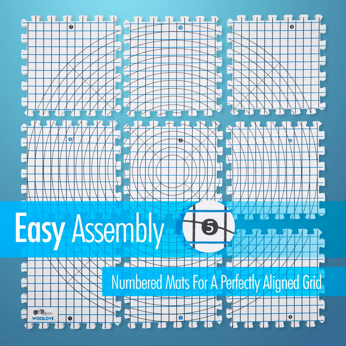 Blocking Mats for Wet and Steam Blocking with Grids and Radial Circles for Curved Projects - 1 cm Thickness - Set of 9 Marked with Numbers Includes 50 t pins and Storage Bag