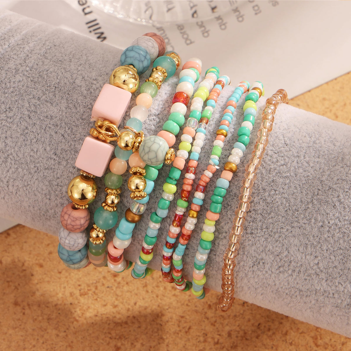 IFKM 8PCS Beaded Bracelets for Women, Multilayered Stackable Strand Stretch Bead Bracelet Pack Handmade Trendy Bohemian Charm Jewelry Colorful