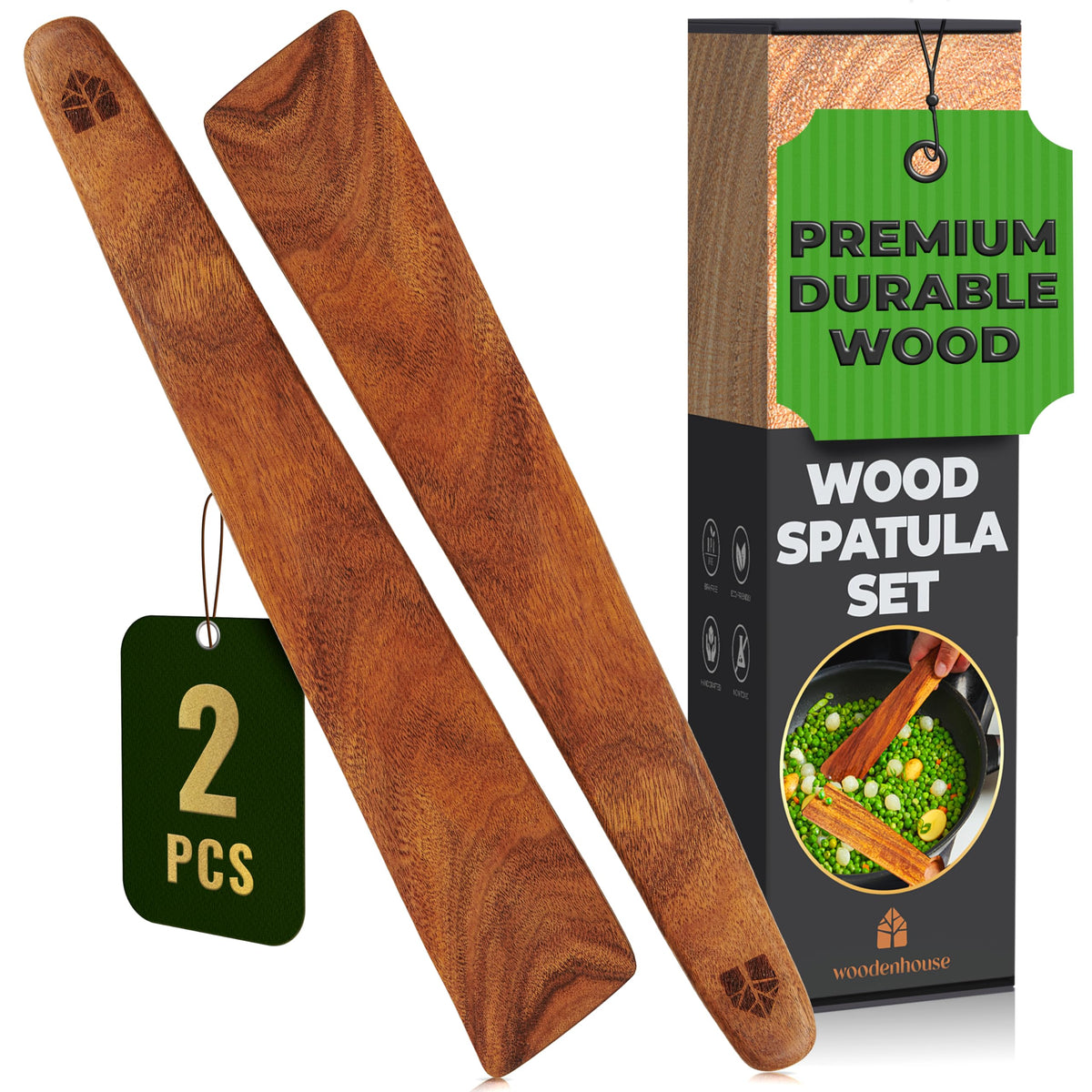 Wooden Spatula for Cooking Set of 2-12 Inch Teak Spatula for Non Stick Frying Pan - Turner & Flipper for Cast Iron, Egg & Pancake Scraper - BPA Free & Heat Resistant Wooden Cooking Utensils
