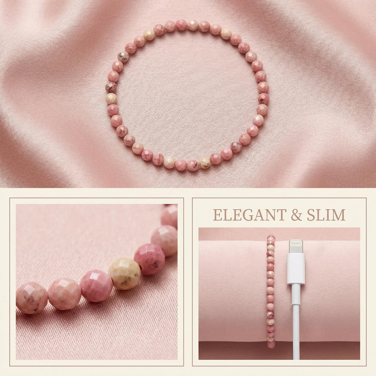 Angelstones Natural Pink Rhodonite Gemstone Small Beaded Stretch Bracelet, 4mm Faceted Round Beads, Crystal Healing Bracelet for Women