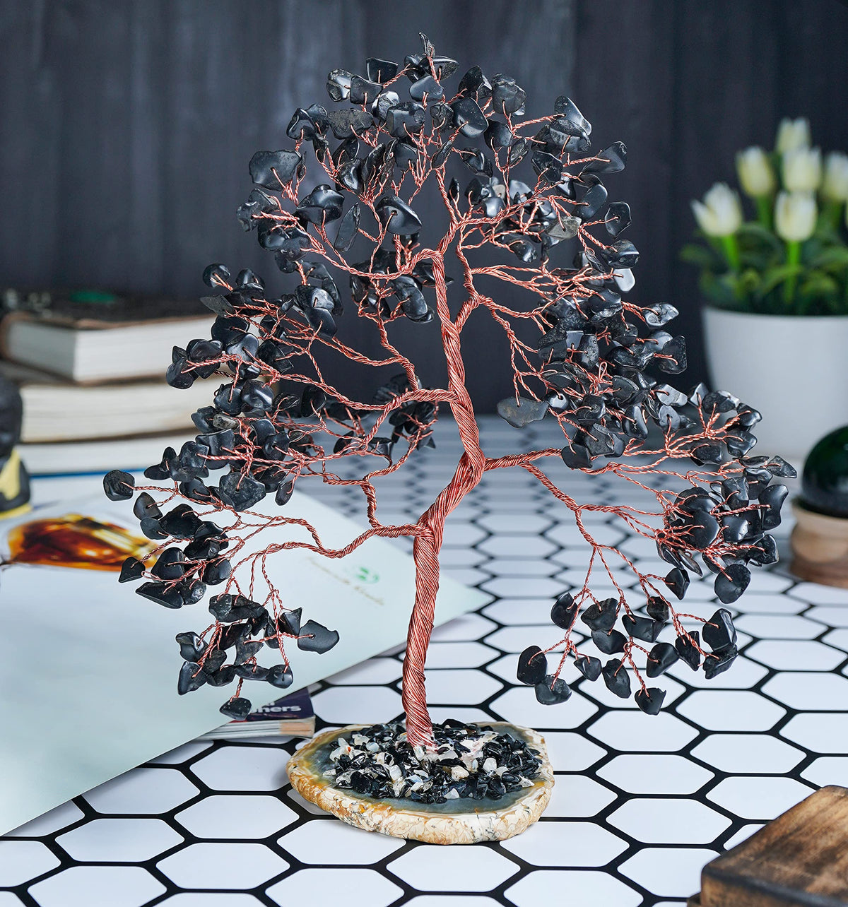 Crocon® Black Tourmaline Gemstone Tree Geode Agate Slice Base, Handmade Crystal Tree for Positive Energy, Attract Good Luck, Chakra Tree of Life, Black Healing Stone for Root Chakra, Meditation Gift