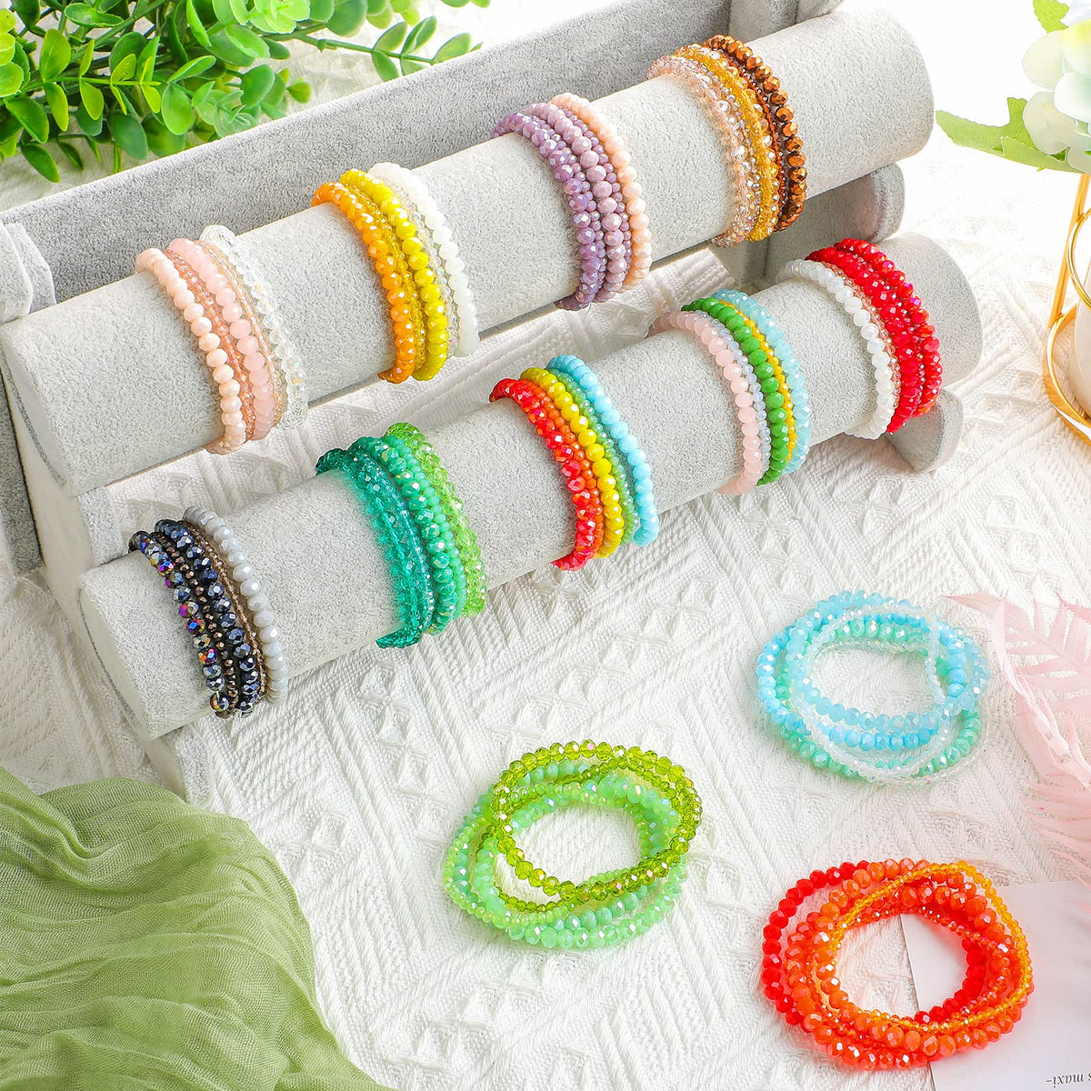 Junkin 60 Pcs Crystal Beaded Bracelets Bulk for Women Bohemian Multi Layer Stacking Statement Stretchy Strand Crystal Bead Bracelets Versatile Slip on Shiny(Shiny Color)