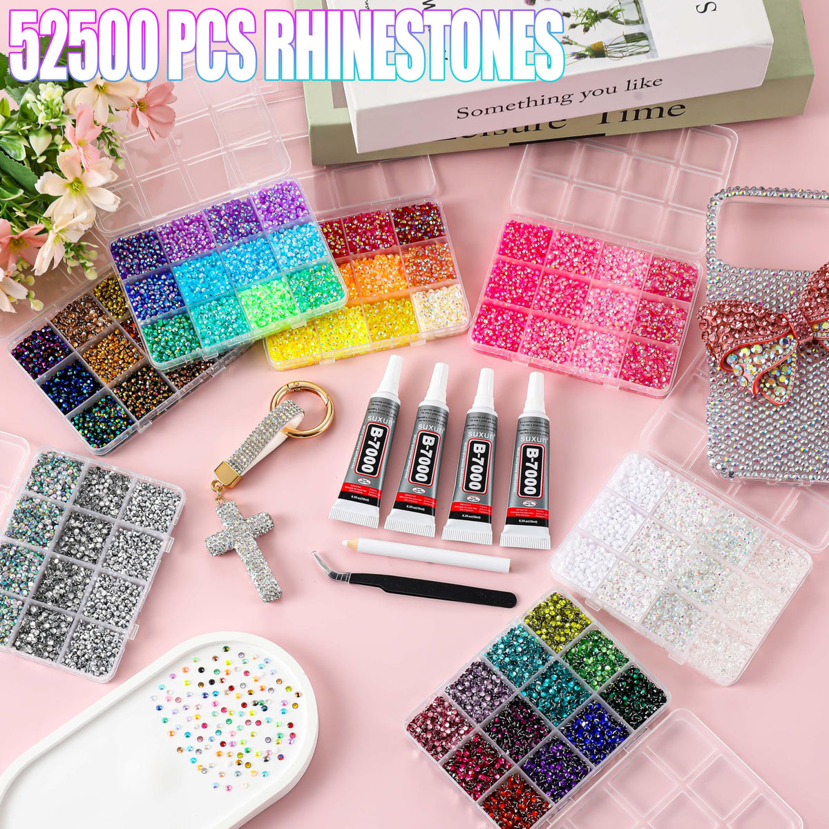LERBOU 52500Pcs Bedazzling Kit with 7 Box – 59 Colors Rhinestones, 3mm Flatback Sparkling Gems with 4×10ml B7000 Jewelry Glue, Tweezers & Pickup Pen for Nail Art, Crafts, Clothing, Diamond Painting
