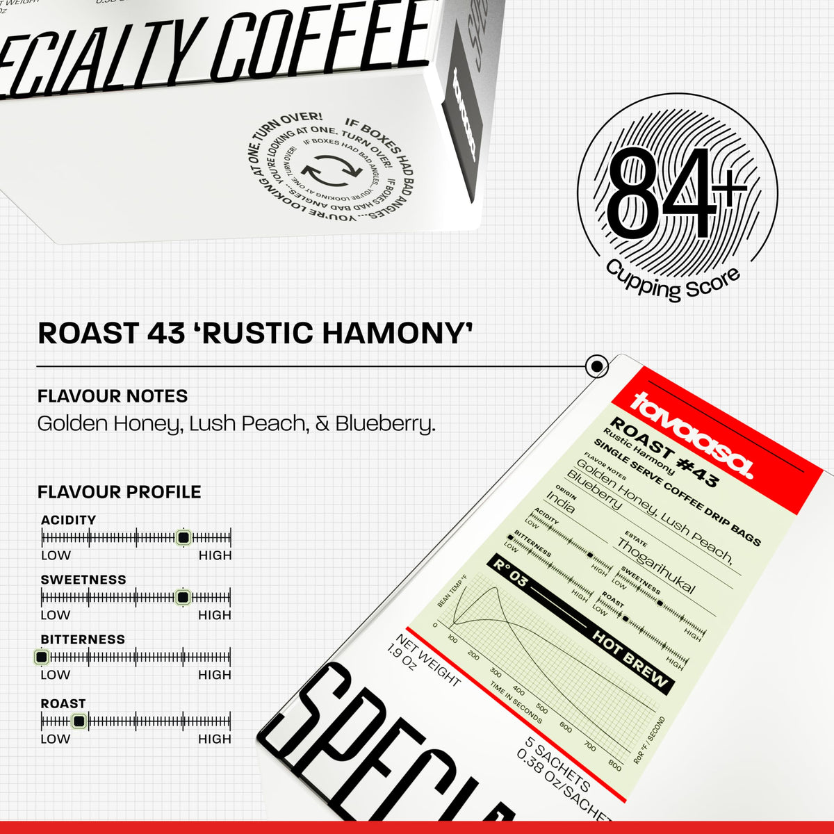 Tavaasa Engineered Specialty Coffee 10x11g Drip Bags |Roast #43, Rustic Harmony|84+,GoldenHoney, Lush Peach & Blueberry|Single-Serve Pour Over|Nitrogen-Flushed Sachets|SO, 100% Arabica, Hot Brew, 110g