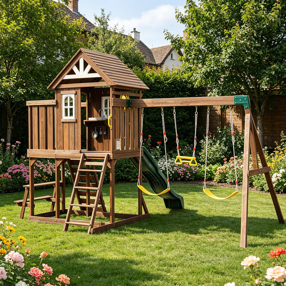 Wooden Swing Set with 2 Swings, Wave Slide, Play Deck, Climbing Wall & Trapeze Rings - Outdoor Backyard Playset for Kids - Heavy Duty Wooden Jungle Gym