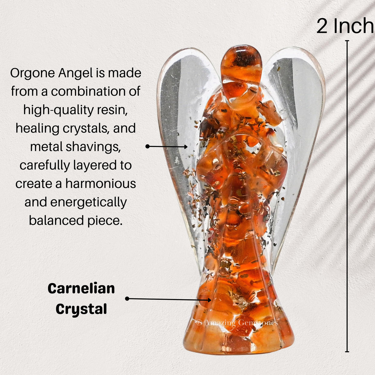Amazing Gemstone Carnelian Guardian Angel Figurine Pocket Crystal Angel for Protection - Orgone Guardian Angel with Orgonite Layer and Natural Crystal for Healing Gift (2 Inch, Organite)
