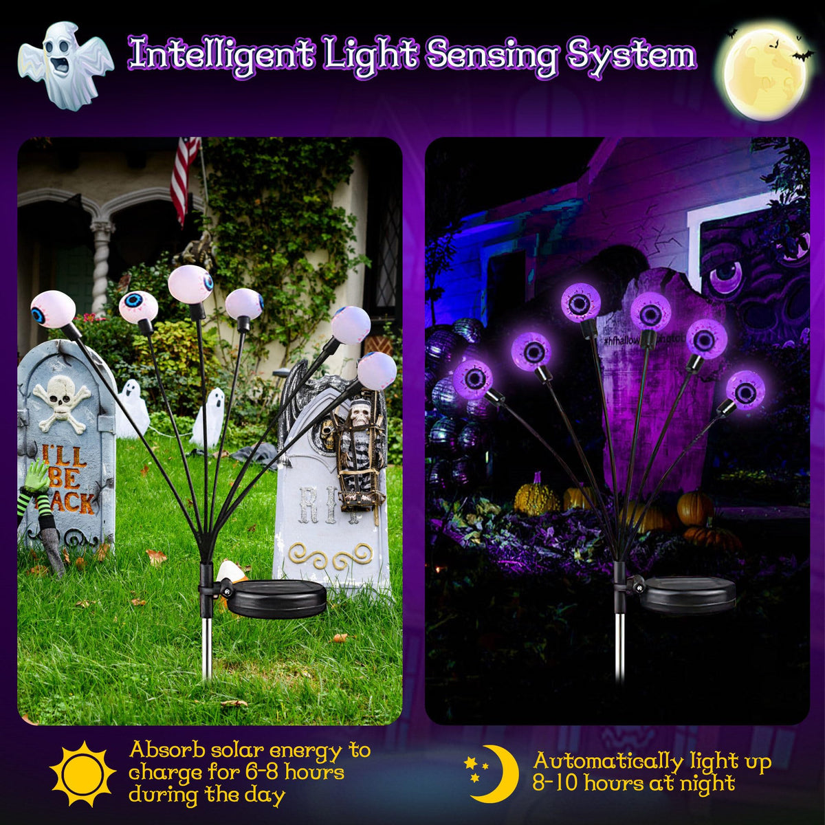 Outdoor Halloween Decorations - Swaying Solar Eyeball Lights, 2PCS 12LED Firefly Lights, 2 Mode Waterproof Path Lights for Yard, Garden, Lawn, and Party Decor (Purple)
