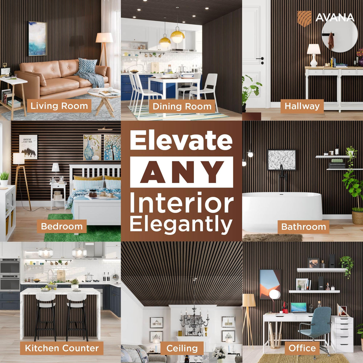 Avana Acoustic Wood Wall Panels – 93.2x11.25 Inch Panels – Fits 94x12 Layout – Dark Walnut Acoustic Panels 4 PCs – Wall Panels For Interior Wall Decor for Homes, Offices – Durable Wood Panels For Wall