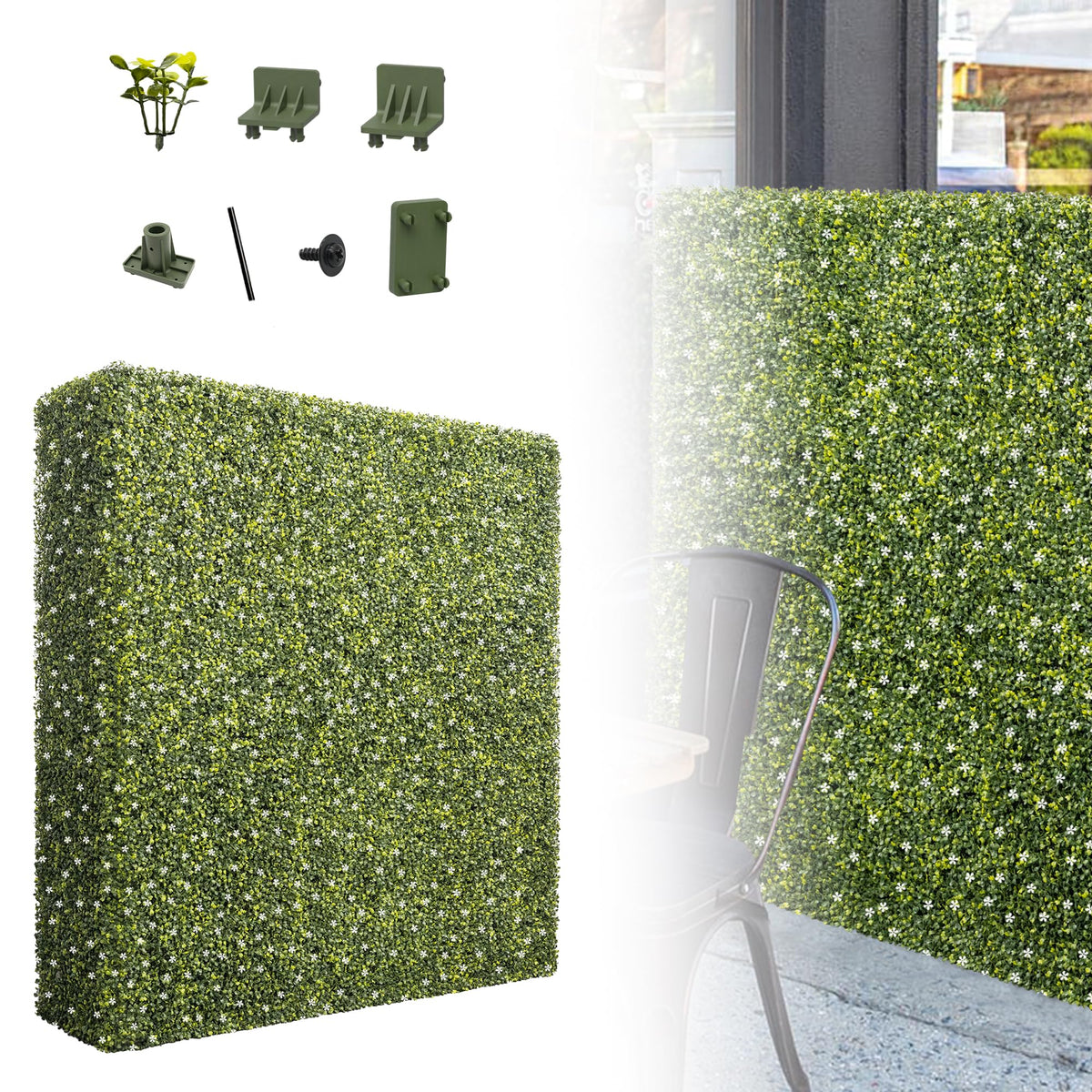 PATIOBREEZE 54" Wx54 Hx6 D Artificial Boxwood Hedge Wall with White Flowers, Greenery Privacy Screen Faux Grass Backdrop Room Divider for Indoor Outdoor Office Patio Garden Party Decoration