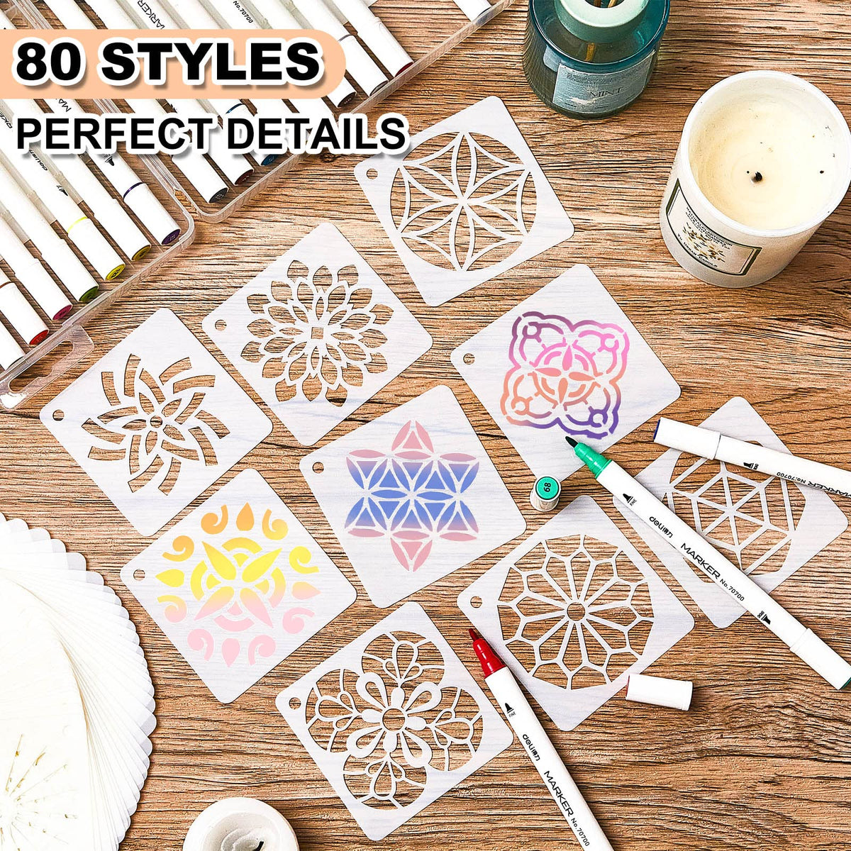 80 Pieces Mandala Stencils for Painting 3 x 3 Inch Mandala Painting Craft Stencils Reusable Templates for Wood Rocks Furniture Wall Floor DIY Art Projects Fabric Tile