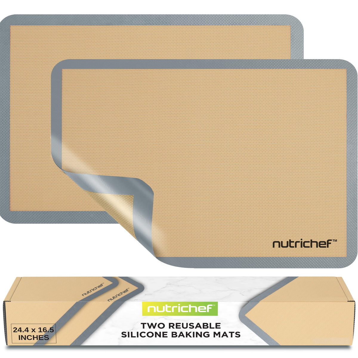 Nutrichef Silicone Baking Mats - 2 Non-stick Food-Grade Silicone Mats - Perfect for Full Baking Pans 24.4 x 16.5 IN - Oven-safe Up to 480 Degrees F - Suitable for Ovens, Freezers, & Dishwashers - Grey