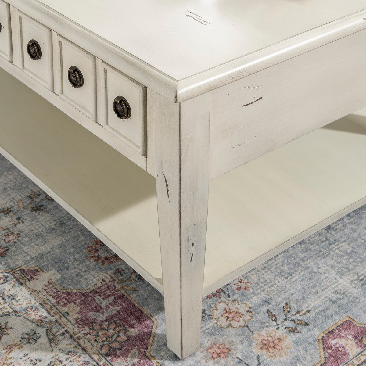 Powell Kelly Cream Coffee Table with Three Pull Thru Drawers and Open Shelf