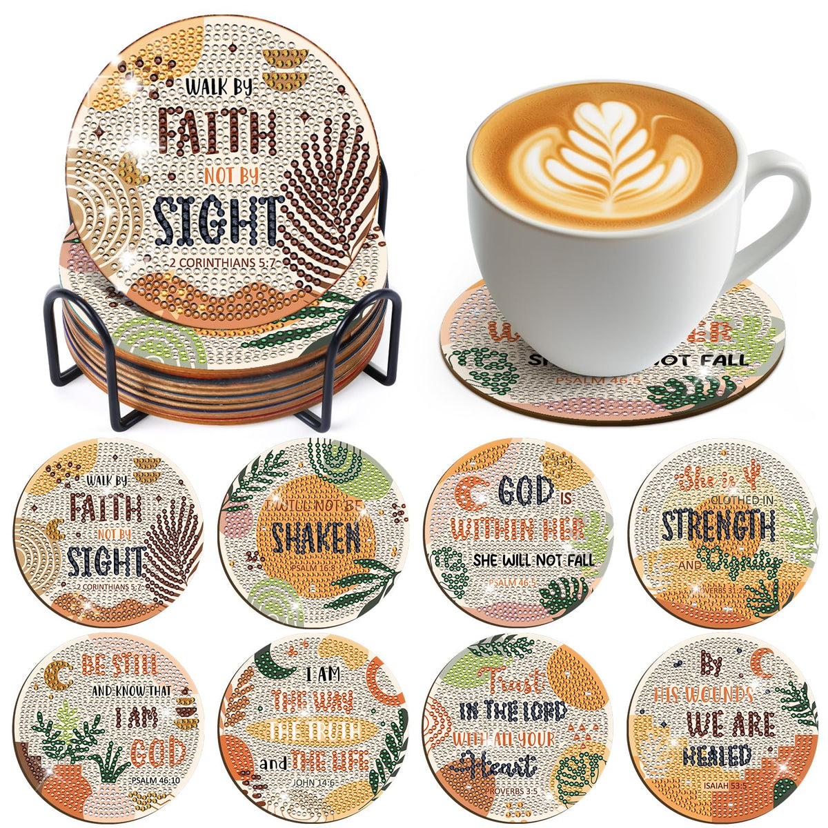 Christian Diamond Art Coasters - 8 Pcs Religious Diamond Painting Coasters Kit for Adult, Bohemian 3D Rhinestone Gem Art DIY Craft Kit for Women