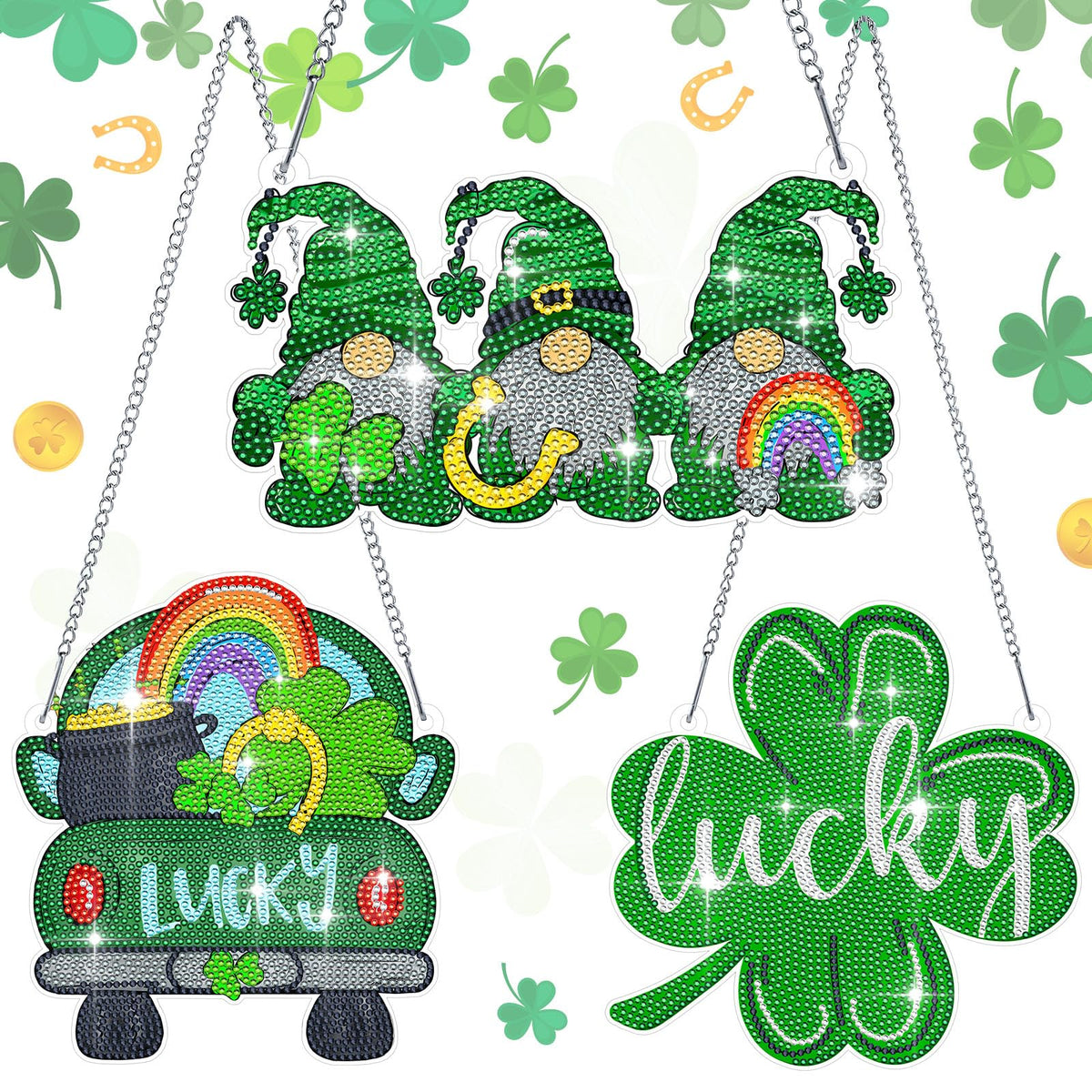 Burbell 3Pcs St. Patrick's Day Diamond Painting Kit Patrick's Green Lucky Shamrock Gnome Truck Diamond Art Kits Hanging Sign 5d DIY Irish Rhinestone Art Painting for Wall Windows Door