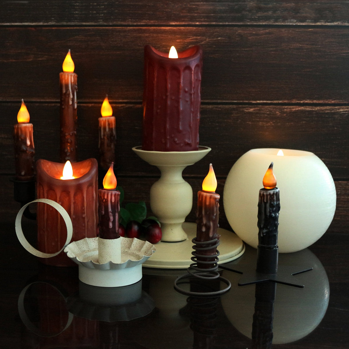 CVHOMEDECO. Real Wax Hand Dipped Battery Operated LED Timer Taper Candles Country Primitive Flameless Lights Décor, 4-3/4 Inch, Burgundy, 3 PCS in a Package