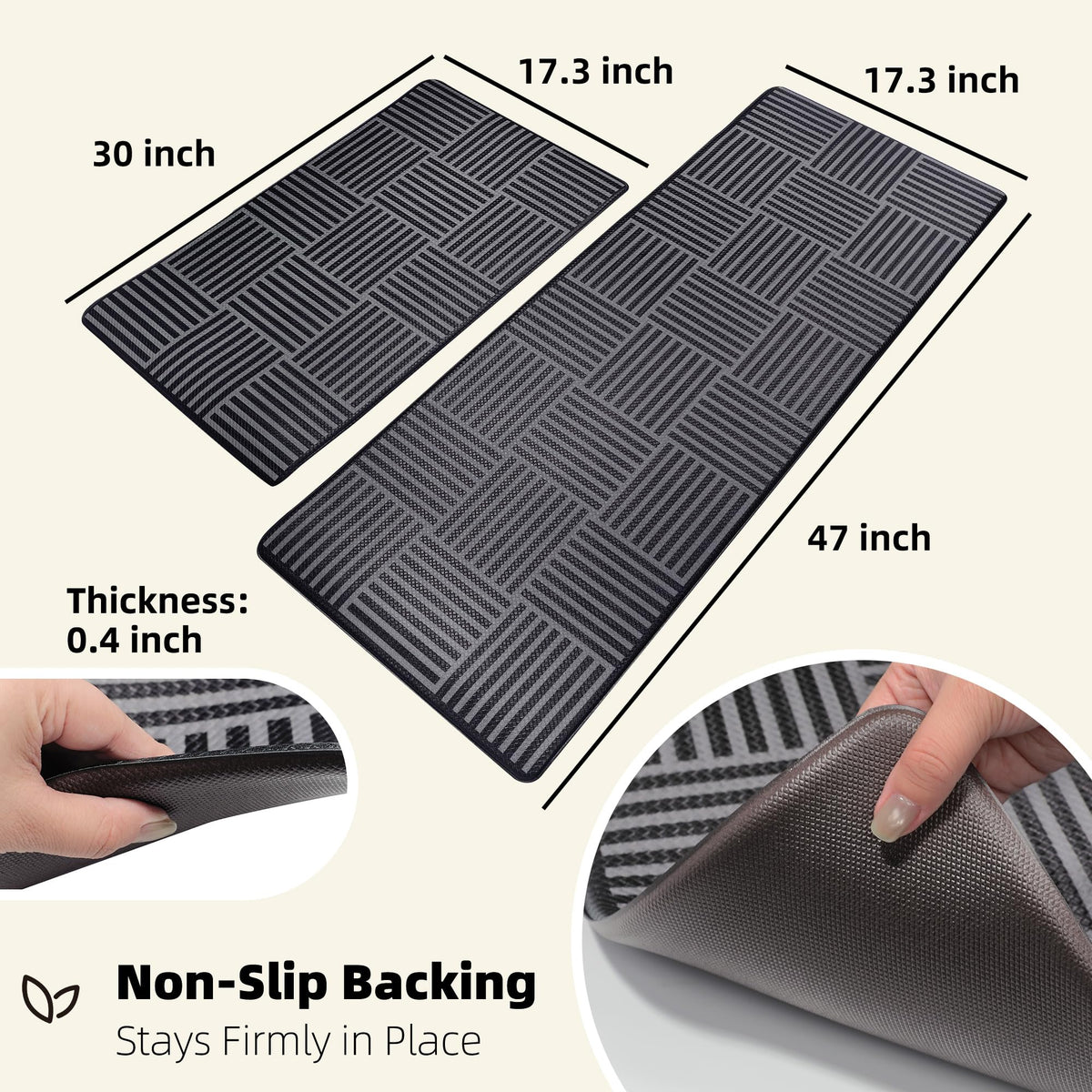 Kitchen Mats For Floor 2 Piece Cushioned Anti Fatigue Kitchen Plaid Rugs Set Non Slip Waterproof Comfort Foam Standing For Laundry,Desk,Office,Bathroom,Apartment Decor,17.3"X29"+17.3"X47",Black