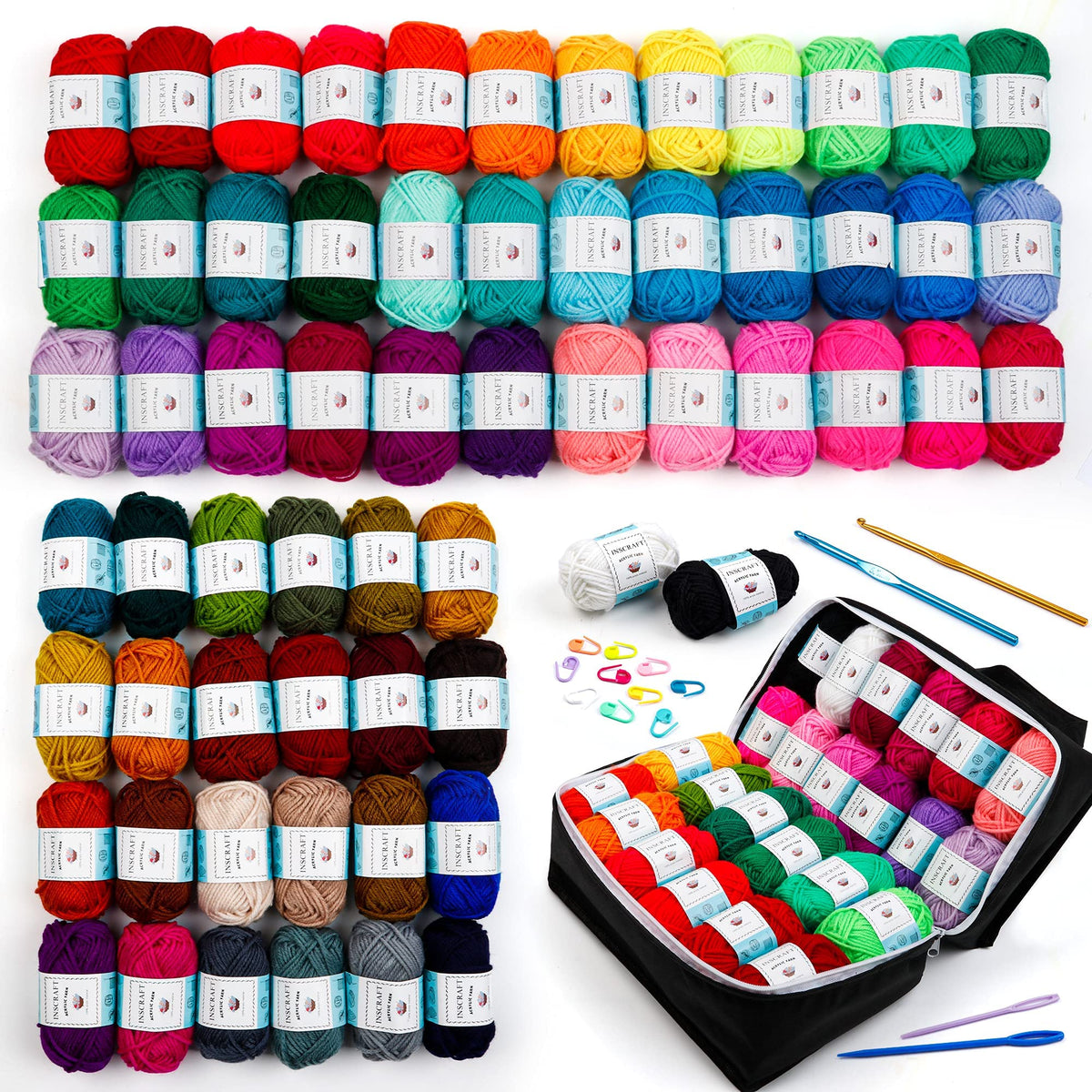 Inscraft 62 Acrylic Yarn Skeins, 2170 Yards Yarn for Knitting and Crochet, Includes 2 Crochet Hooks,2 Weaving Needles,10 Stitch Markers, Perfect Beginner Kit for for Adults Kids