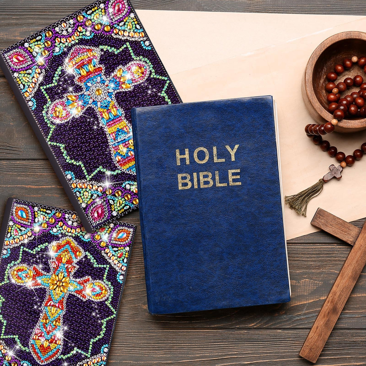 Qilery 2 Pcs 5d Diamond Art Kits for Adults, DIY Leather Diamond Painting Journals Notebooks Bible Cross Gem Dots Art Crafts for Adults, Beginners, Birthdays, Graduation Gifts with Tools