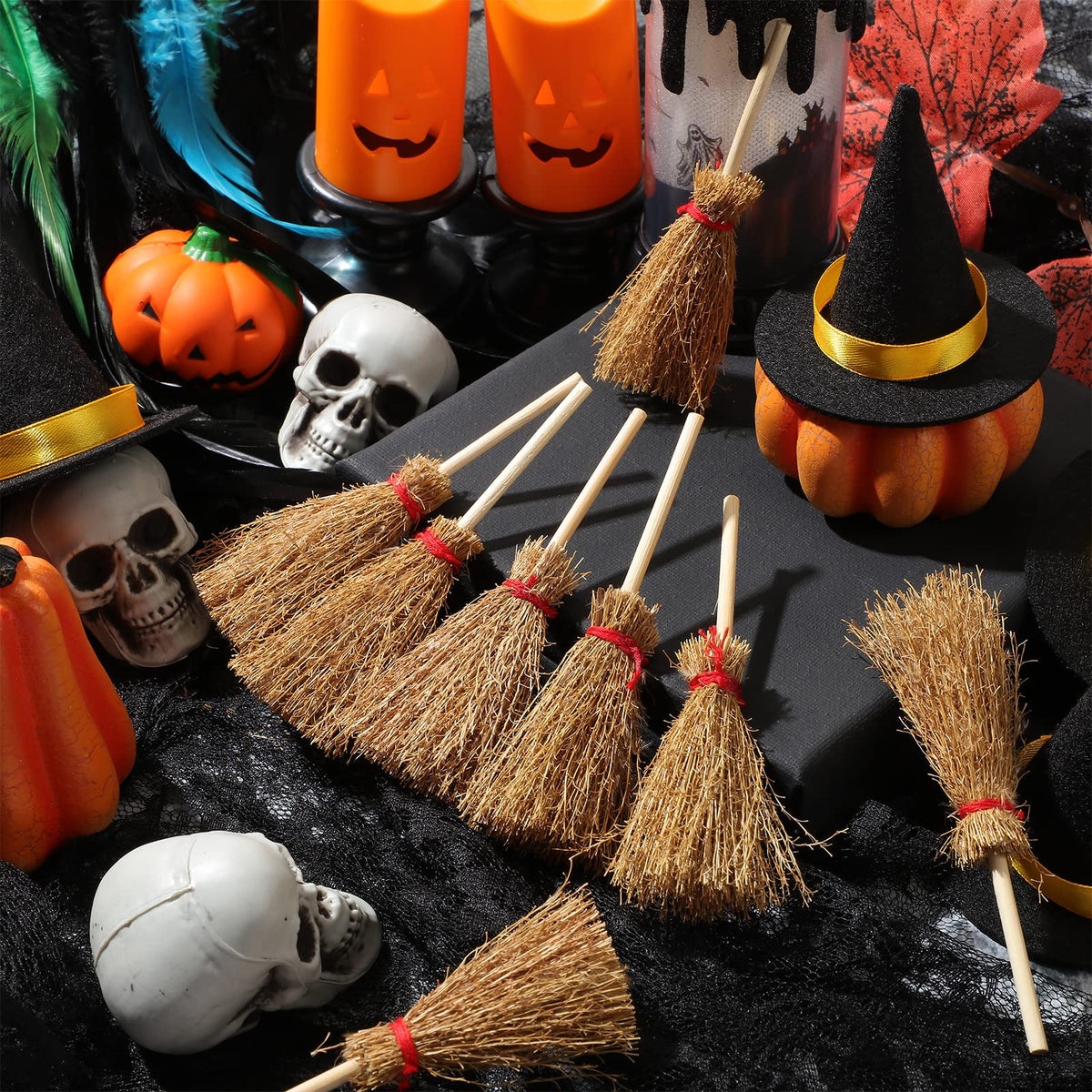 Cindeer 50 Pcs Miniature Halloween Mini Straw Brooms Artificial Halloween Straw Craft Decoration Small Dollhouse Witch Broomstick with Red Ropes Wizard Witches Accessory for Costume Cosplay Party