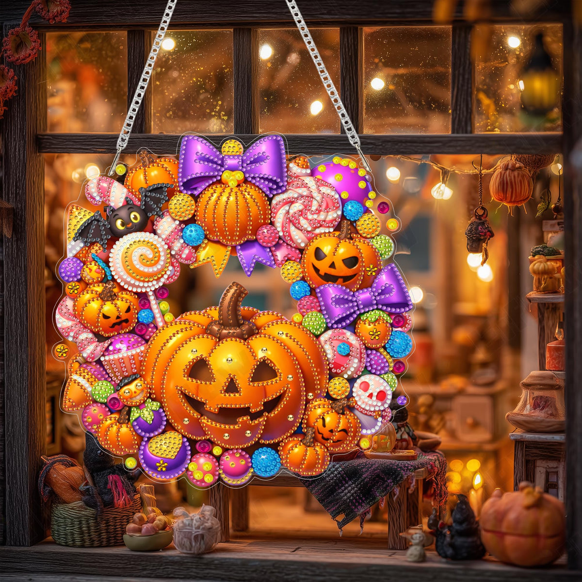 Eiflow Diamond Art Hanging Kit for Adults Candy Pumpkin, DIY Diamonds Pearl Painting Door Hanger Board Kit, Special Crystal Diamond Art Painting Pendant Ornament (Halloween Wreath)