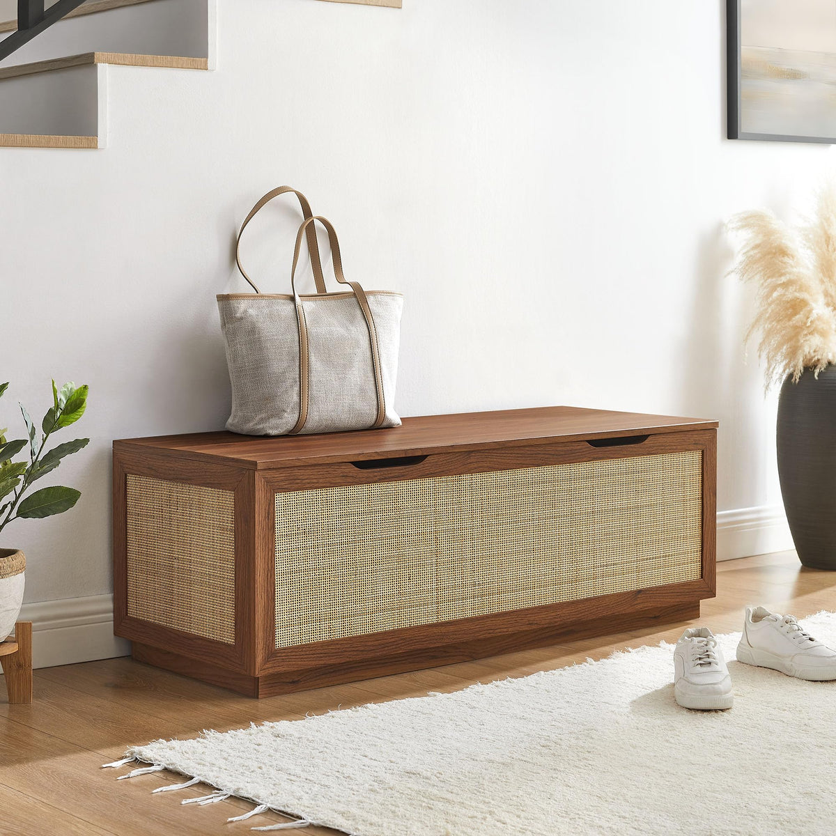 Modway Soma Rattan Storage Bench in Walnut – Faux Cane Flip-Top Low Profile Storage Ottoman for Bedroom, Entryway, or Living Room