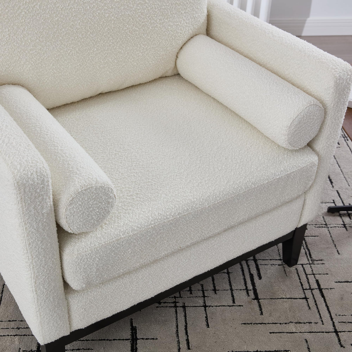 KEIKI 35.4" W Upholstered Accent Chair with 2 Pillows, Farmhouse Boucle Single Sofa with Wood Legs for Living Room & Office, Ivory and Black