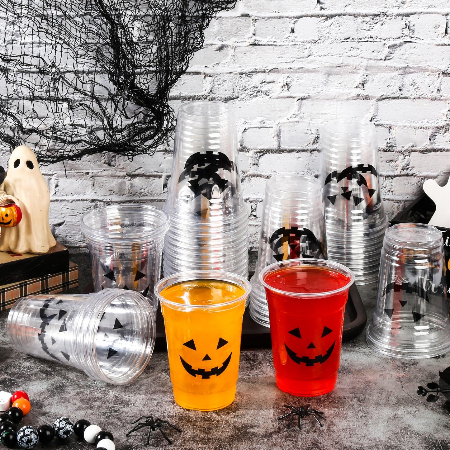 Pumpkin Face Plastic Cups Halloween Scary Disposable Party Cup Jack O Lantern 12oz Clear Cups for Candy Beverage Snacks October Trick or Treat Party Supplies (50)