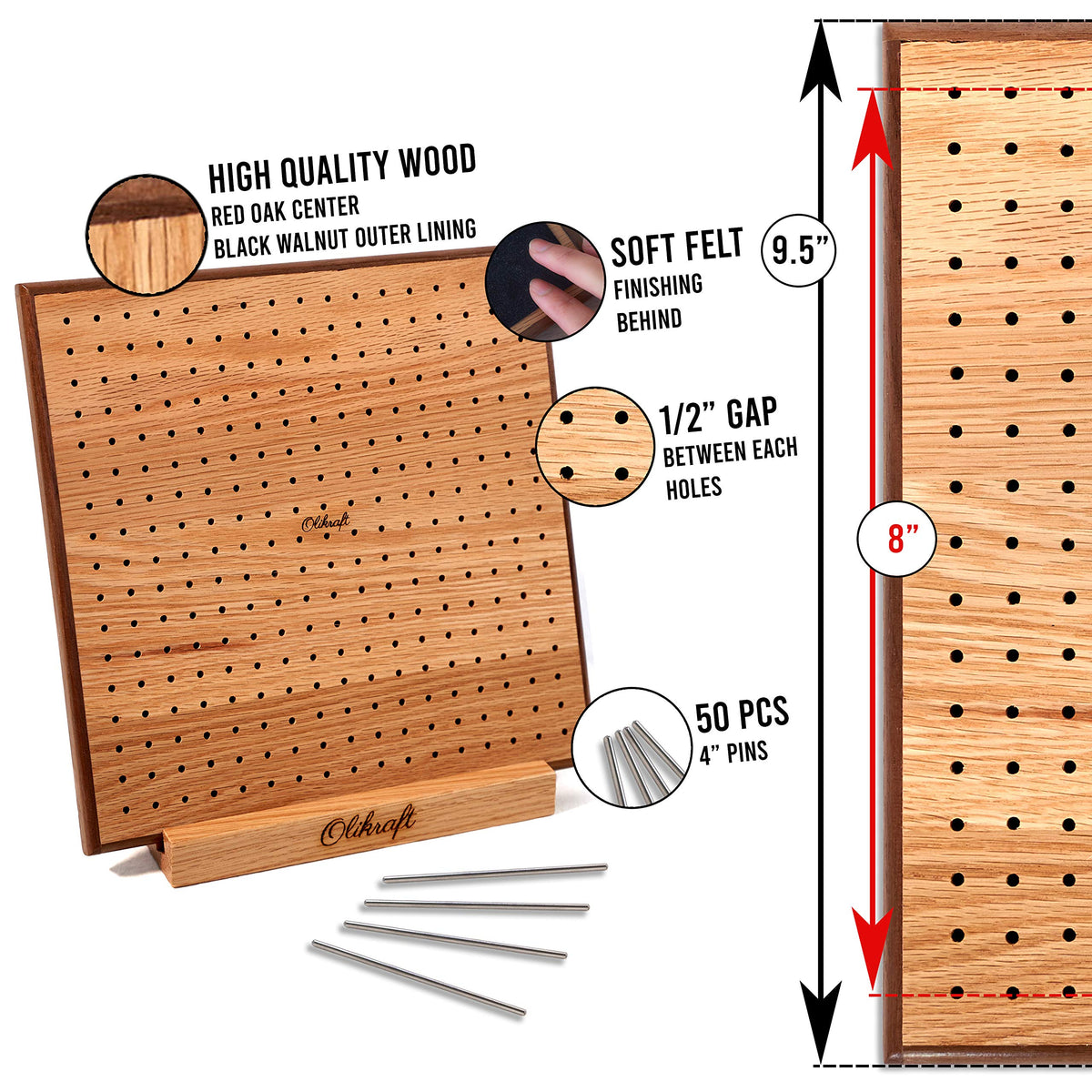 Olikraft 8" Crochet Blocking Board with 50 Pins and 4-Pack Yarn Cutter Pendant Set - 8-Inch Red Oak Crochet Board with Felt Backing and Gold Multi-Color Cutters for Crafting Precision