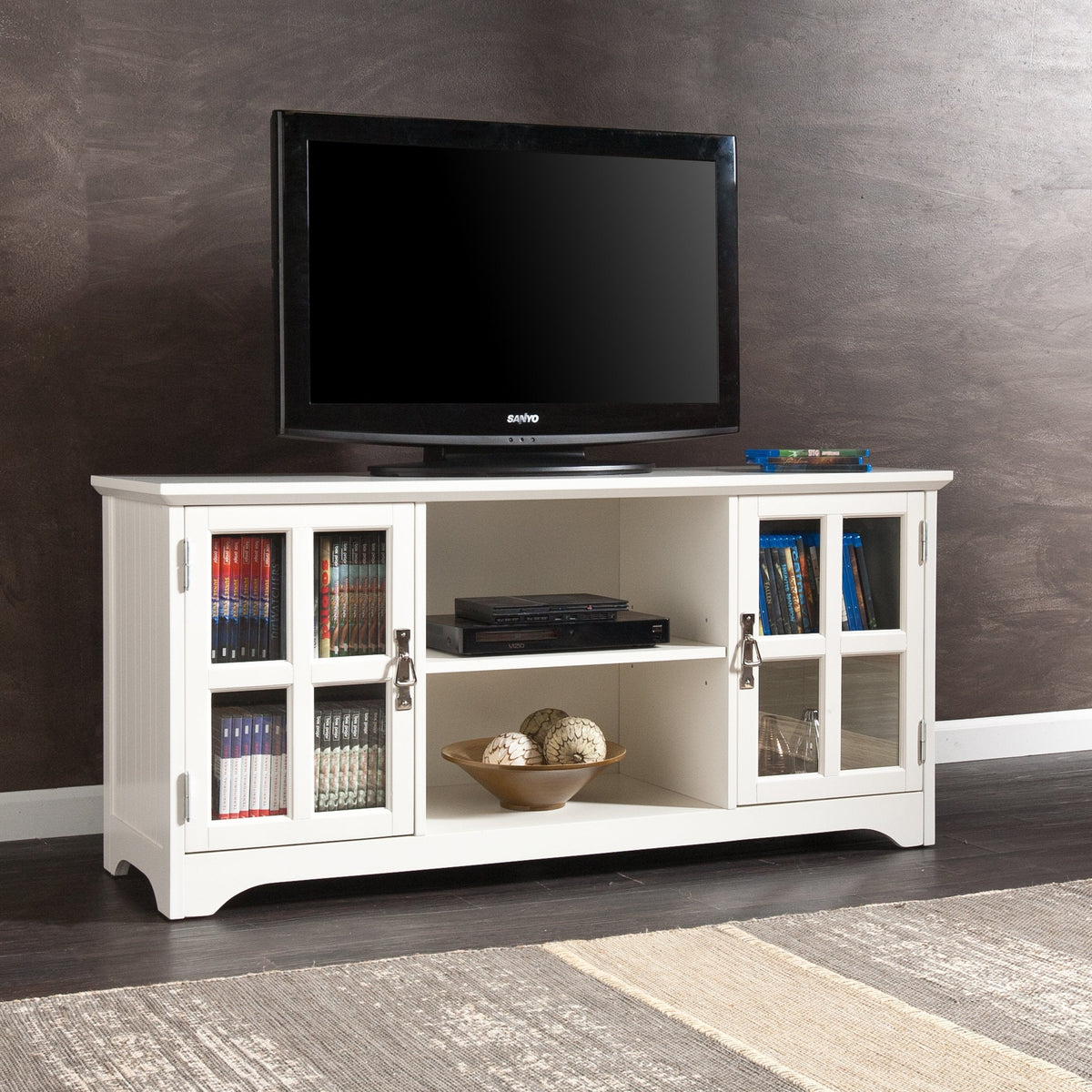 SEI Furniture - Remington TV Media Stand - White - Transitional Design, White Glass and Wood - Ideal for Living Room, Family Room (MS9908)