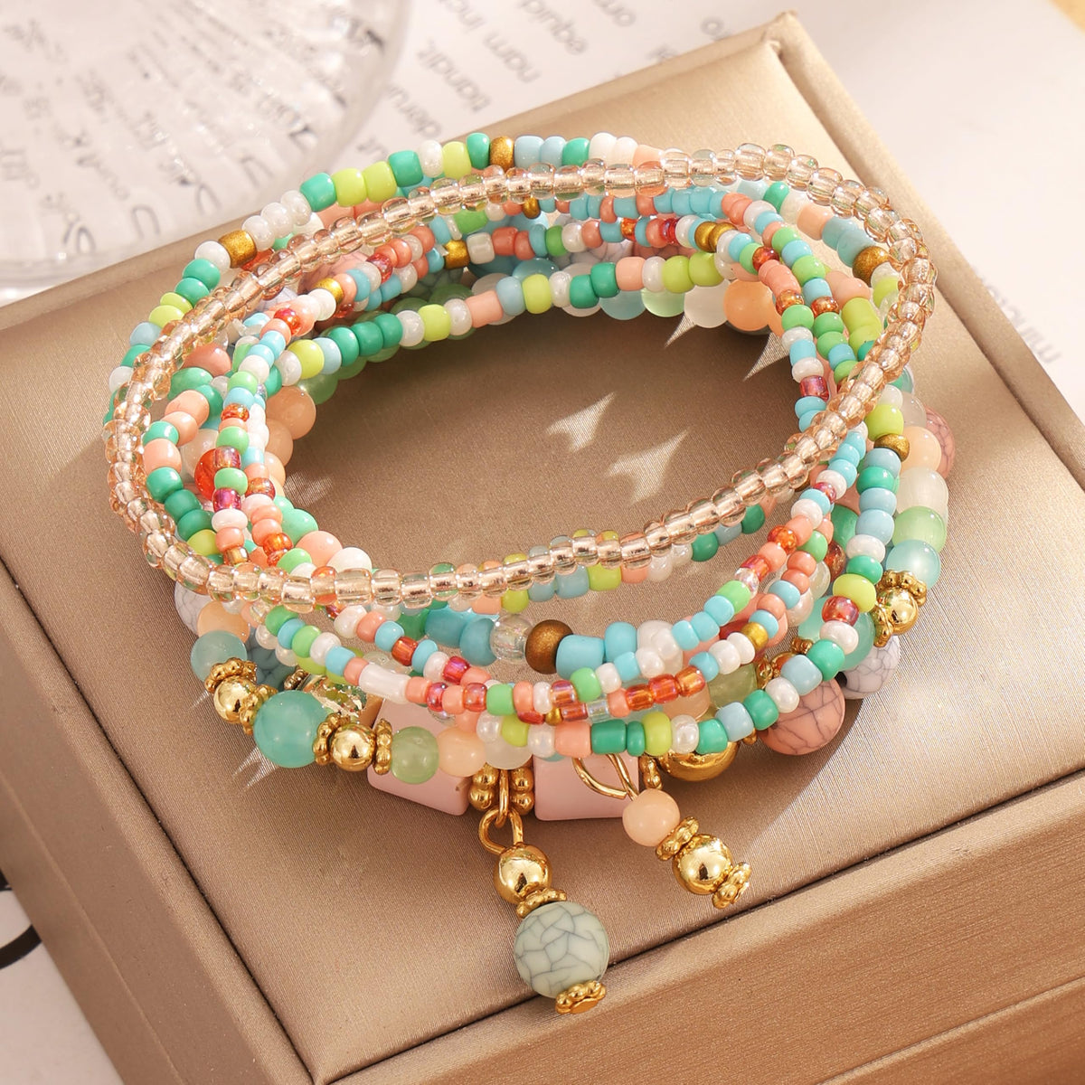IFKM 8PCS Beaded Bracelets for Women, Multilayered Stackable Strand Stretch Bead Bracelet Pack Handmade Trendy Bohemian Charm Jewelry Colorful
