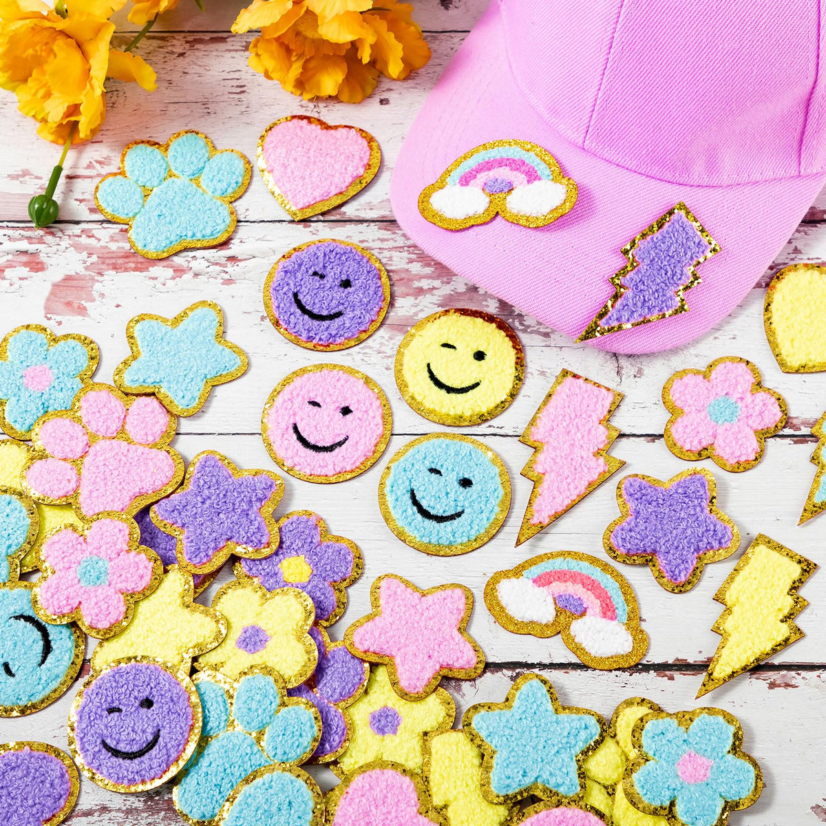 Hanaive 80 Pcs Chenille Letter Patches Self Adhesive Iron on Patch 3D Cute Embroidered Rainbow Smile Face Heart Applique Sewing Badges Patch for Fabric Clothing Jacket DIY(Macaron,Cute)