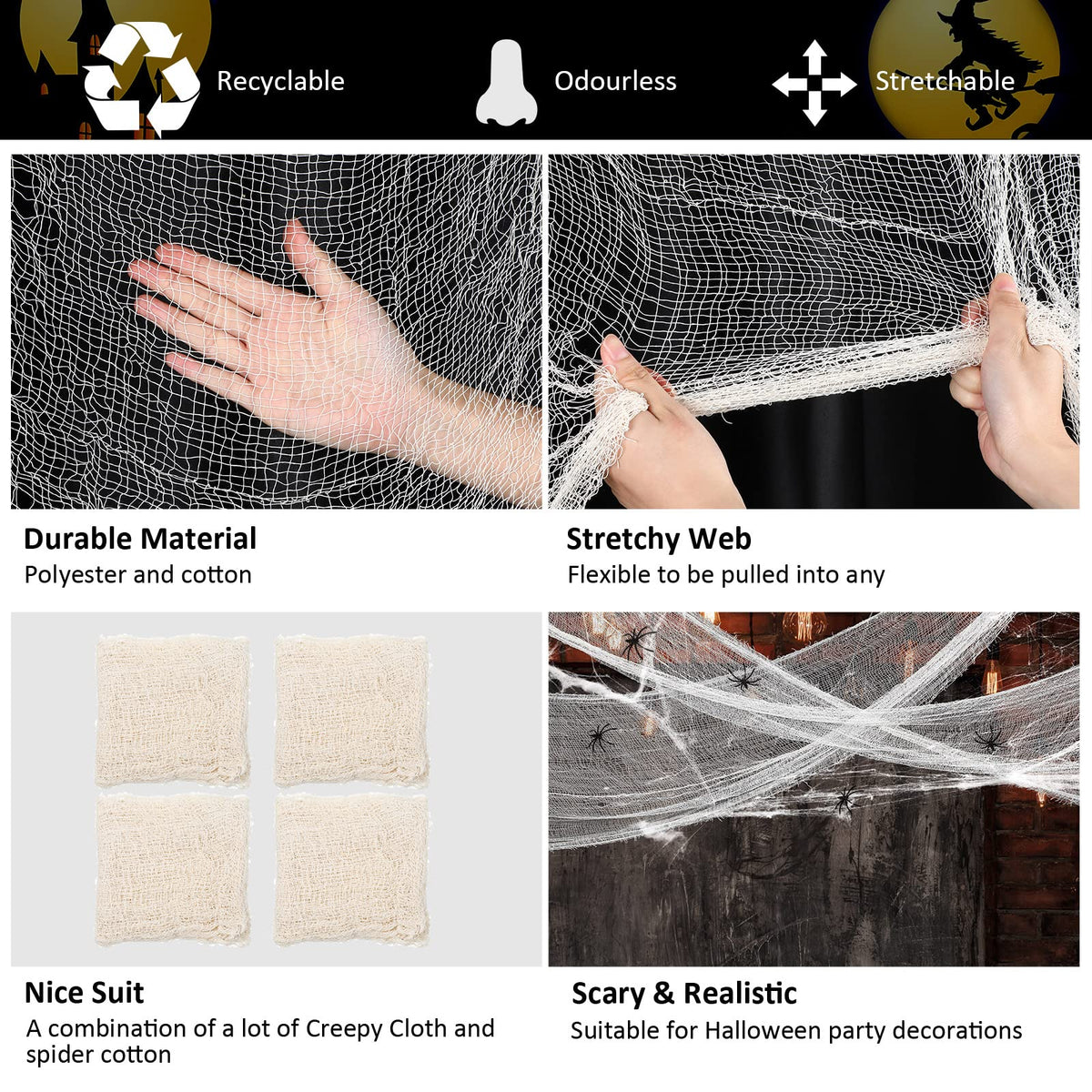 Tatuo 4 Pack Halloween Creepy Cloth 31 x 87 Inch with 2 Stretch Spider Web Spooky Scary Creepy Gauze Cloth for Halloween Party Supplies Home Wall Doorway Outdoor Yard Decor(White)