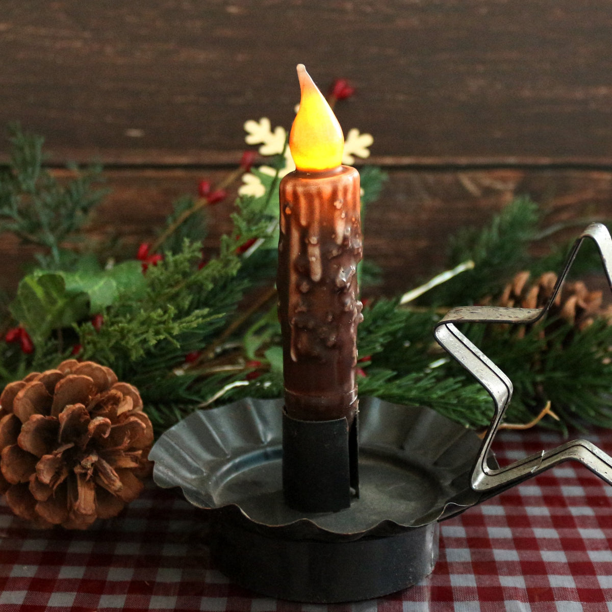 CVHOMEDECO. Real Wax Hand Dipped Battery Operated LED Timer Taper Candles Country Primitive Flameless Lights Décor, 4-3/4 Inch, Brown, 3 PCS in a Package