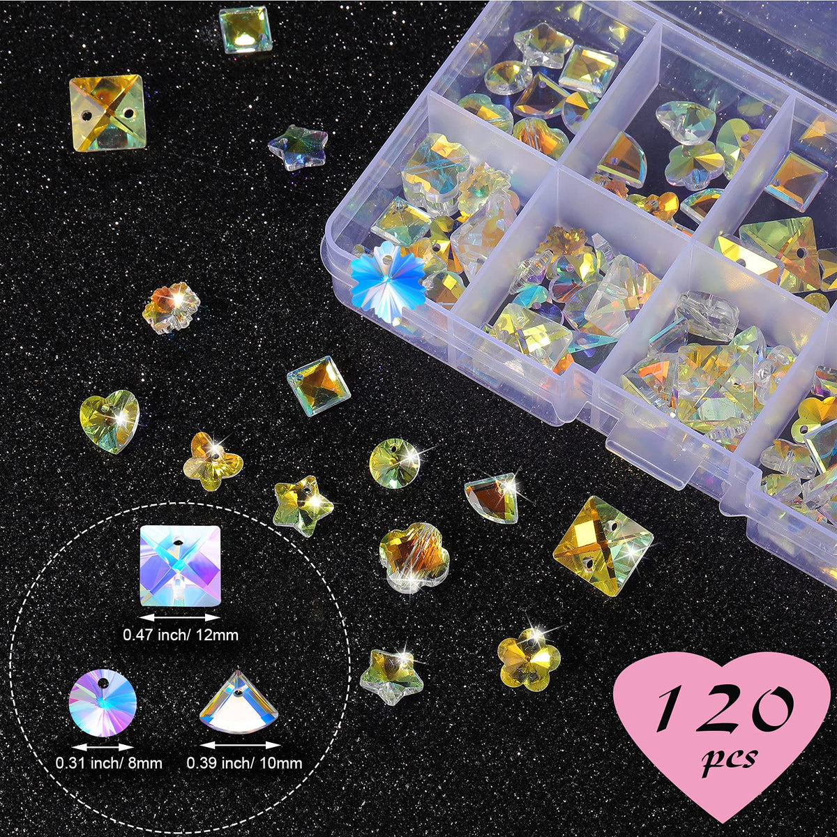 Hicarer 120 Pcs Chakra Natural Stone Beads AB Crystal Charms Butterfly Heart Snowflake Loose Beads Necklace Earrings Crystal Charm Crystal Pendants for DIY Jewelry (Multiple Shape)
