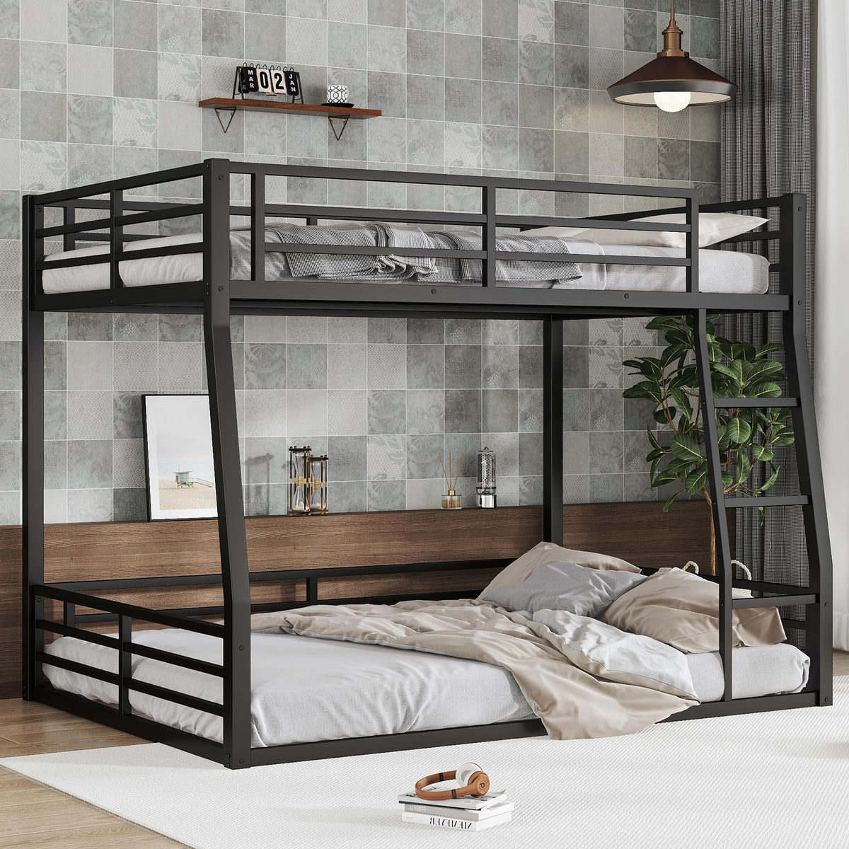 Full XL Over Queen Bunk Bed Frame with Noise Reduced Design, Heavy Buty Floor Bunk Bed Full XL Over Queen Bunk Beds with Build in Ladder for Adults, Teens(Black Floor Bunk Bed)