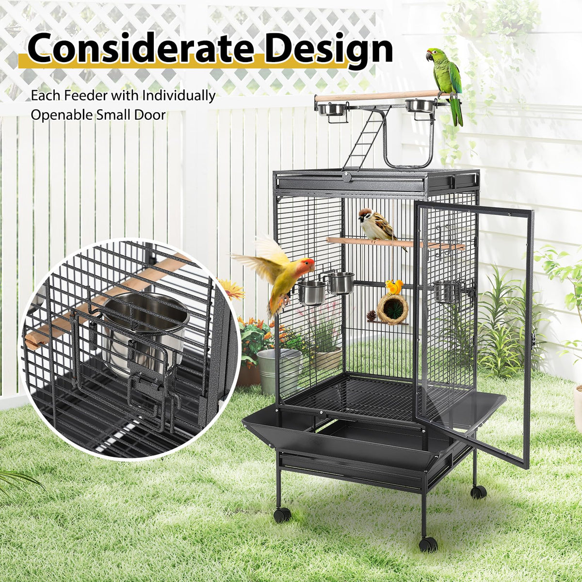 64.4" Tall Large Bird Cage, Metal Parrot Cage with Play Top, Rolling Stand & Bowls - Bird Aviary for Parrots, Conures, Cockatiels, Parakeets, Indoor Outdoor Aviary for Outside Porch Yard Garden