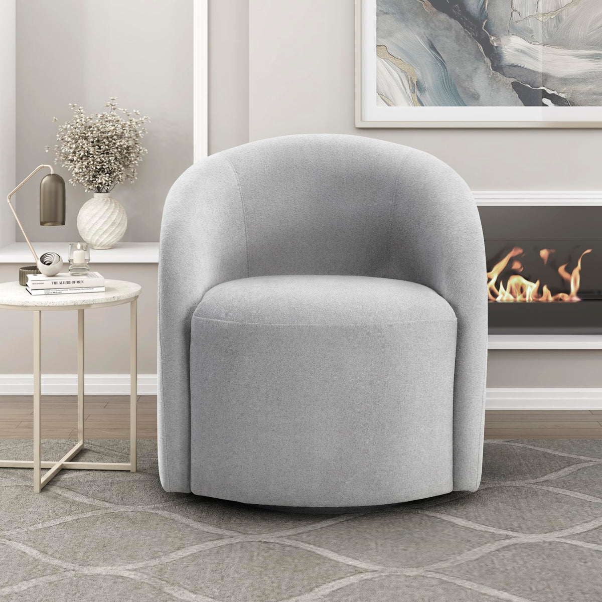 Lexicon 360 Degree Swivel Accent Chair, Boucle Fabric Arm Chair with Metal Swivel Base and Sloped Arms for Living Room/Bedroom/Office, Light Gray